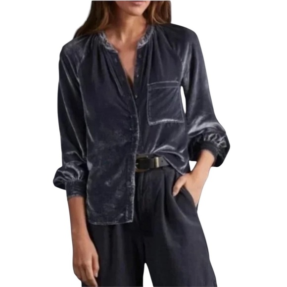 Pilcro x Anthropologie - Velvet Balloon Sleeve Button Down Blouse Top Sz Xs - Picture 1 of 10